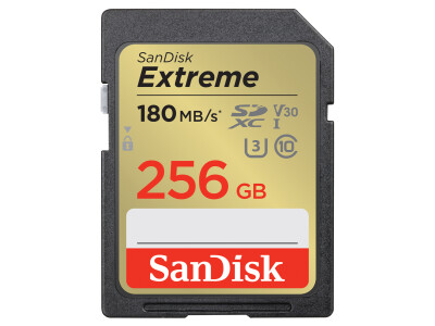 256GB SDXC Extreme 180MB/s V30 UHS-I U3, Class 10