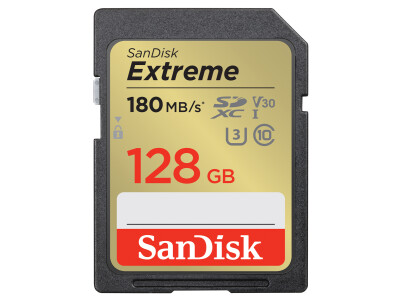 128GB SDXC Extreme 180MB/s V30 UHS-I U3, Class 10